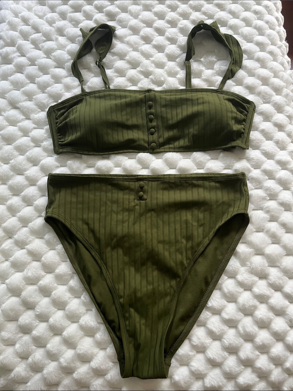 Olive Green Ribbed High-Waist Bikini Set